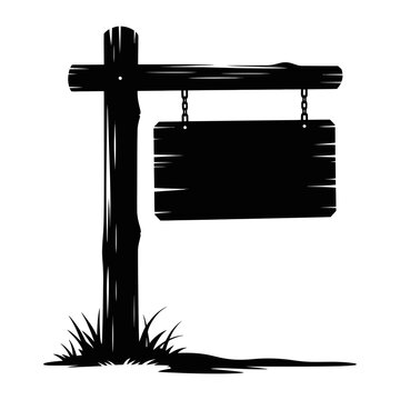 Rustic wooden signpost silhouette with blank hanging board and grass patch signpost silhouette illustration