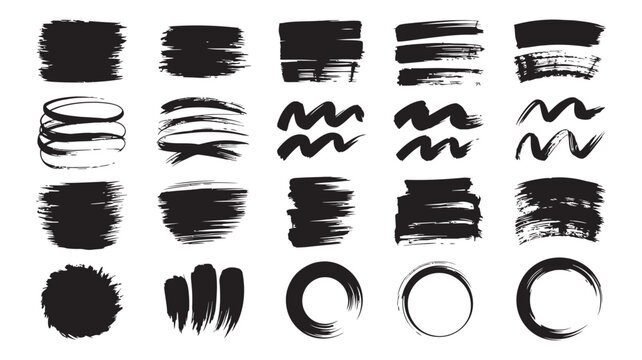 Hand drawn black ink brush strokes and paint circles for graphic design elements