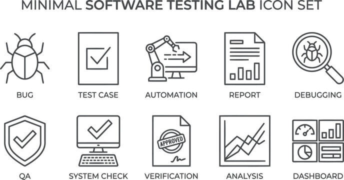 Minimal Software Testing Lab Icon Set Outline: Bug, QA, Automation, Report, Debugging