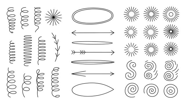 Diverse set of hand drawn doodles including spirals coils arrows and sunburst decorative symbols with sunburst