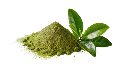 Green Matcha Powder Heap with Fresh Tea Leaves © Aino