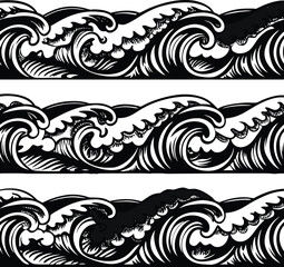 Fototapeta premium Black and white ocean wave patterns, seamless wave borders, monochrome vector waves, decorative wave designs
