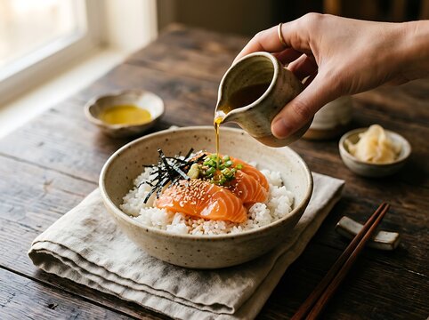 Hand pouring golden sauce onto a delicious bowl of rice with fresh salmon and seaweed