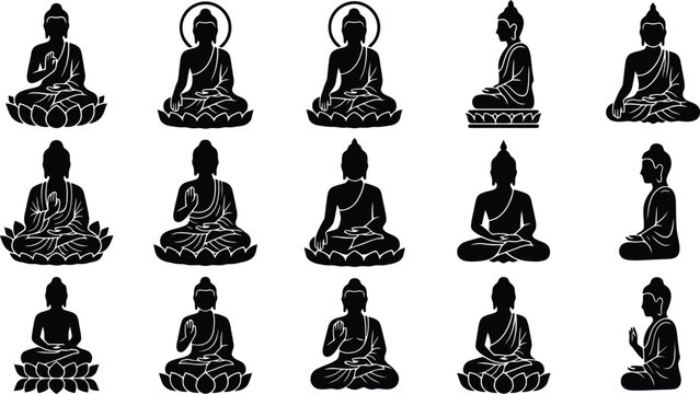 Collection of Black Silhouettes of Buddha Statues in Various Poses on Lotus Flowers meditation