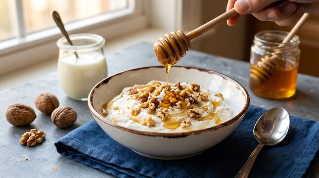 Pouring golden honey from a wooden dipper onto a bowl of creamy yogurt topped with walnuts