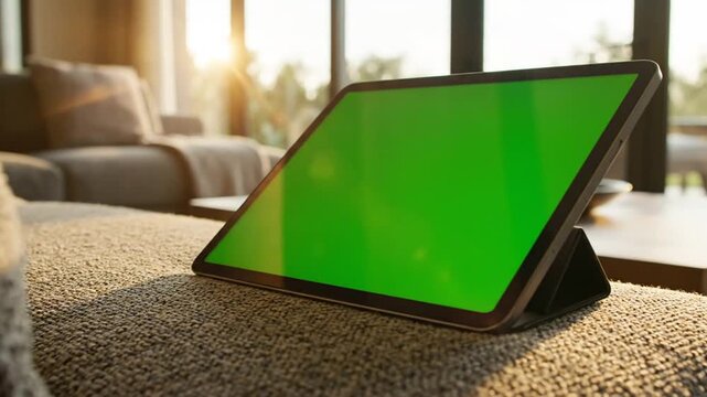 A digital tablet with a green screen chroma key display sitting on a textured sofa in a bright living room with large windows and warm sunlight in the background for mockup use.
