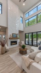 Naklejka premium Cozy living room with fireplace and large windows at home, warm lifestyle, comfort living, relaxing interior.