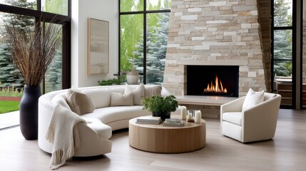 Naklejka premium Cozy living room with fireplace and large windows at home, warm lifestyle, comfort living, relaxing interior.