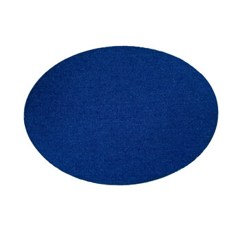 Blue oval fabric patch with texture isolated on white background, textile label for clothing design, blank cloth sticker mockup