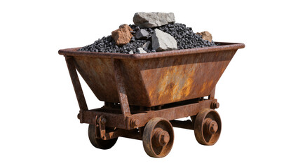 Rusty old mine cart filled with dark coal and gray rocks © Solene