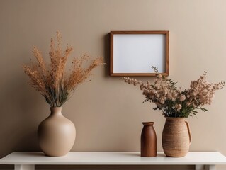Fototapeta premium wooden picture frame mockup hanging on beige wall background. Boho-shaped vase, dry flowers on table