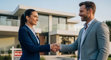 Fototapeta premium a professional handshake between a man and a woman in front of a modern house