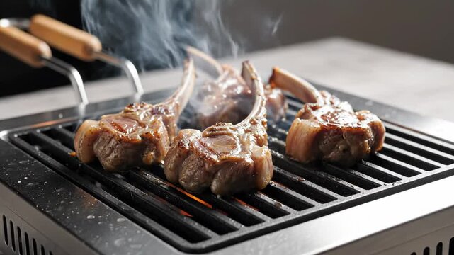Fresh lamb chops grilling on a hot barbecue rack with smoke rising.