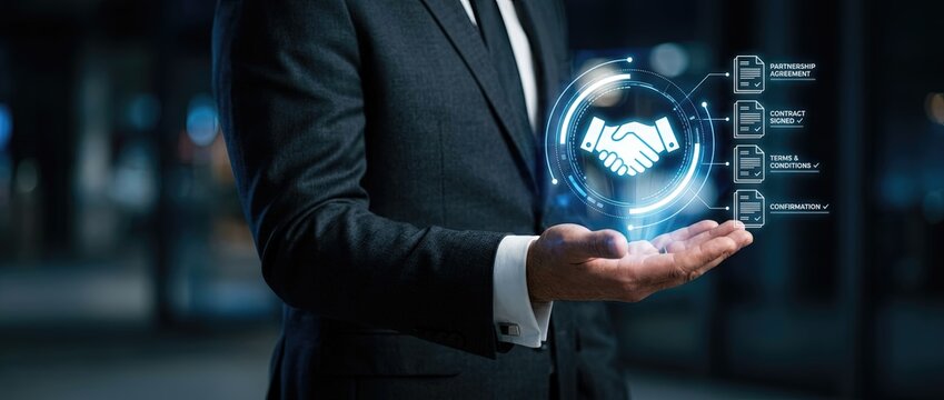 Negotiation strategies for business partnerships corporate office infographic digital environment close-up view collaboration insights