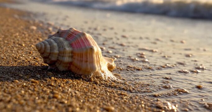Seashell resting on a sandy beach shore during a peaceful sunset