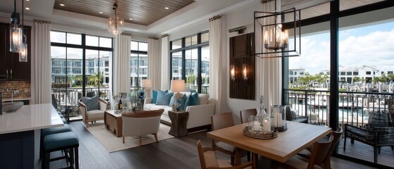 Naklejka premium Bright spacious living room with large windows and fireplace at home, cozy lifestyle, comfort living, modern interior.