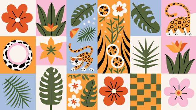 Colorful patchwork illustration of animals plants and floral motifs