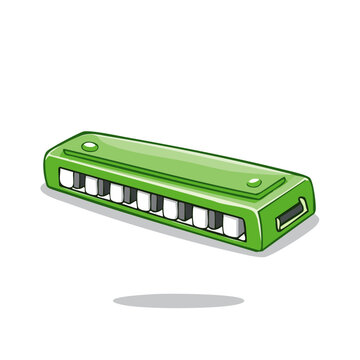 Vibrant green cartoon harmonica with white keys, isolated on a white background, musical instrument