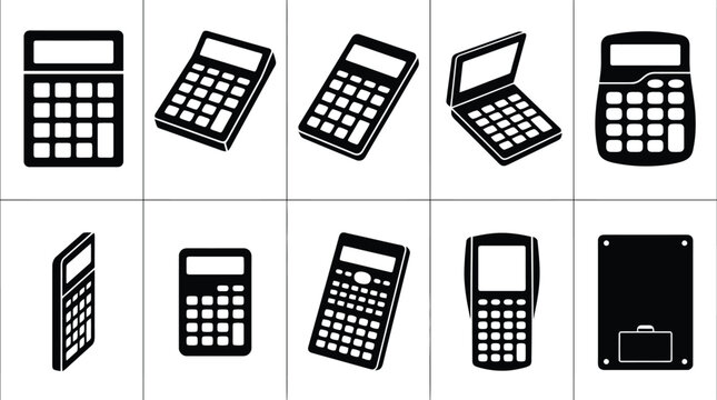 Collection of Calculator and POS Machine Icons in Black Silhouette angles vector