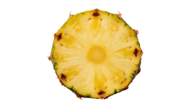 Cross-section juicy yellow pineapple with green core and rind