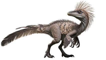 Fototapeta premium Detailed feathered Velociraptor dinosaur standing in profile view