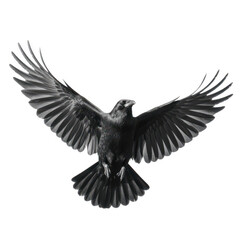 Obraz premium Black raven bird in flight with wings spread wide isolated on transparent background