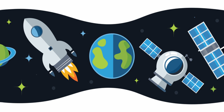 whimsical space themed banner with rocket and planets