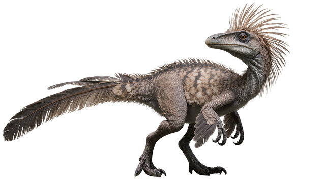 Detailed feathered Velociraptor dinosaur standing in profile view