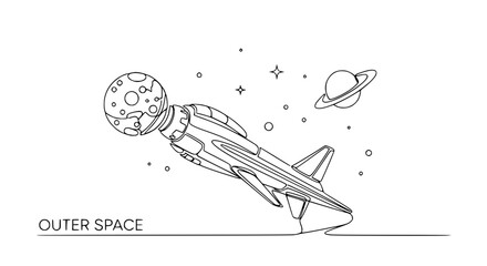 Rocket Ship with Moon and Saturn in Outer Space Line Art © Akun