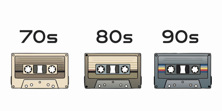 Three retro cassette tapes with decade labels illustration