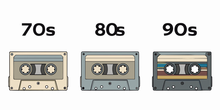 retro cassette tapes illustration with decade labels white background