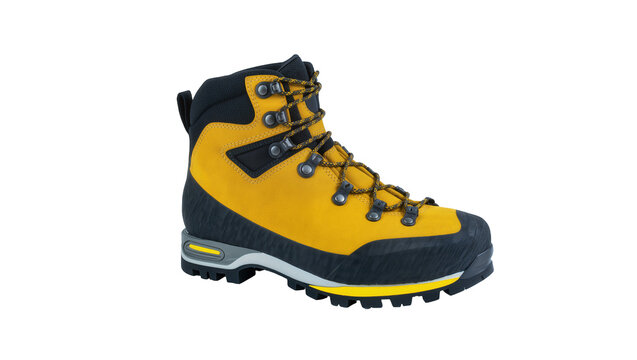 Yellow hiking boot with gray sole and blue laces
