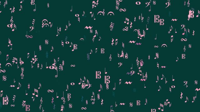Animated Musical Symbols and Notes Pattern on Dark Green Background