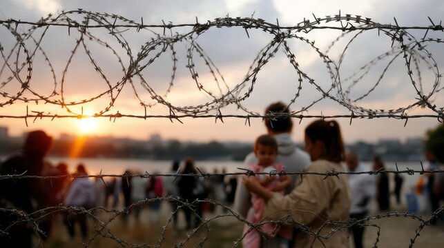 Silhouettes of people walking near fence at sunset, migration concept, social issue, dramatic scene.