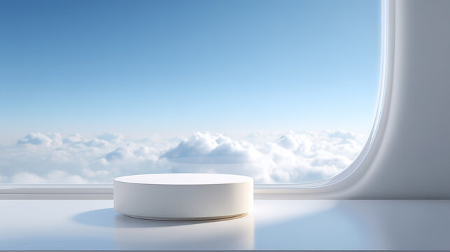 Minimalist product display stand against the background of the cabin window
