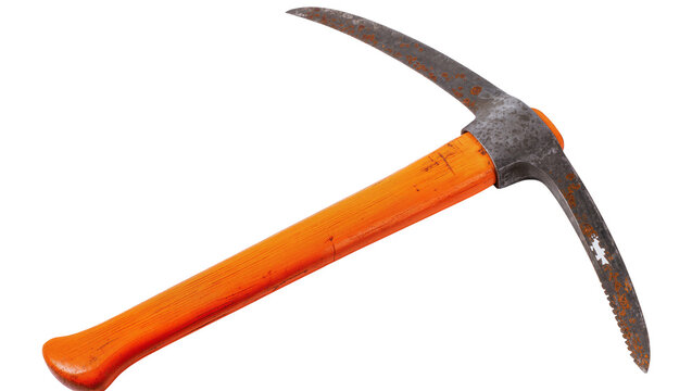 Orange handled steel pickaxe with gray head and serrated edge