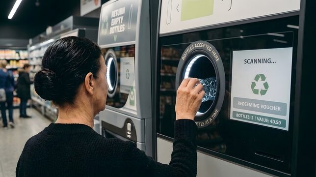 Woman returning empty plastic bottles to an automated reverse vending machine in a supermarket for a deposit refund