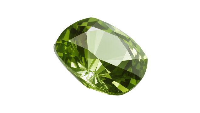 Green peridot gemstone with faceted cuts, isolated on transparent background