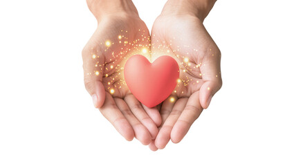 Obraz premium Human Hands Holding Red Heart with Golden Sparkles