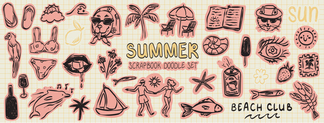 Naklejka premium Funky summer beach doodle sticker set. Crayon grunge scribble coastal drawings. Vector summertime sea travel scrapbook hand drawn collage illustrations for journaling, dairy, notebooks, social media.