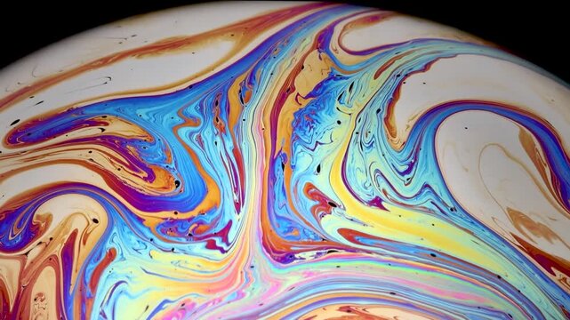 Colorful soap bubble floating gracefully, showcasing its stunning, ever-changing hues in this mesmerizing close-up slow motion video. A delicate dance of light and color captured in every curves.