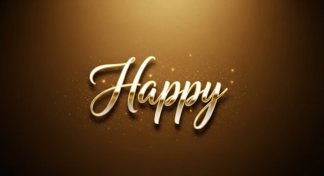 Handwritten gold foil text "happy" with warm glow background, cursive