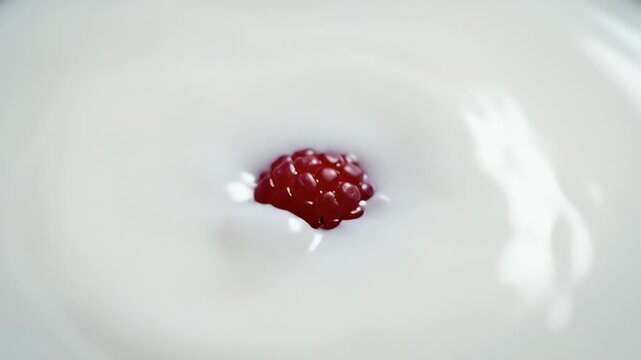 A solitary, vividly red raspberry resting on a soft, reflective white surface with shallow depth