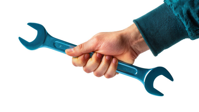 Teal wrench held by human hand wearing blue sweater