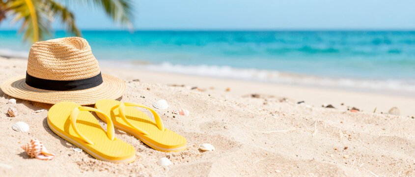 Summer beach vacation essentials straw hat, flip-flops, and seashells on a sandy shore with ocean waves