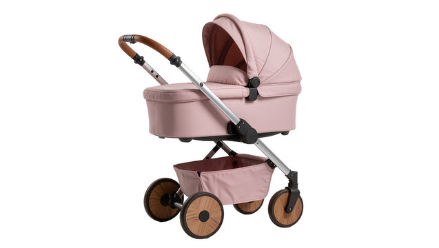 Pink modern stroller with wooden handles and silver frame