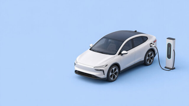 Isometric view of a white electric SUV charging at a modern station on a blue background, representing sustainable mobility and futuristic automotive technology.