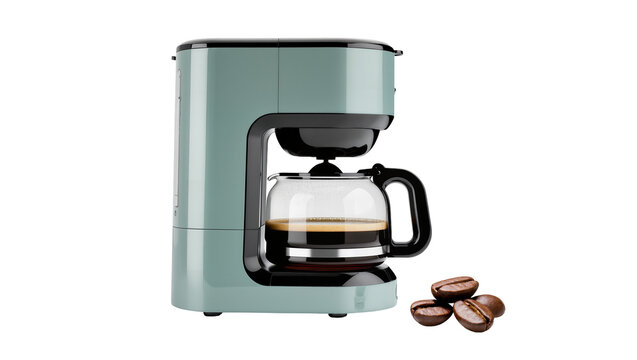 Modern teal drip coffee maker with glass carafe and coffee beans