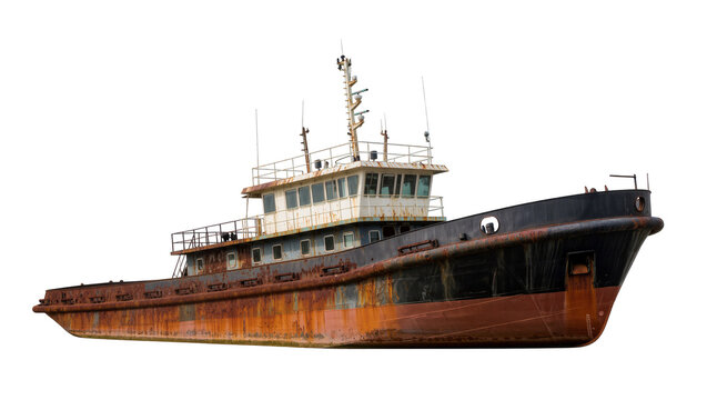 Weathered rusty old tugboat with superstructure and antennas