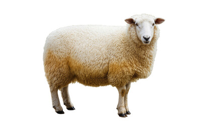 Fototapeta premium Fluffy Cream Colored Sheep Standing with Woolly Coat and Dark Hooves